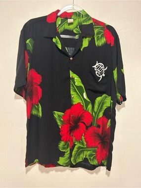 Y2K Mens Hawaiian Aloha Shirt Large Black Red Hibiscus 100% Rayon Tropical EUC